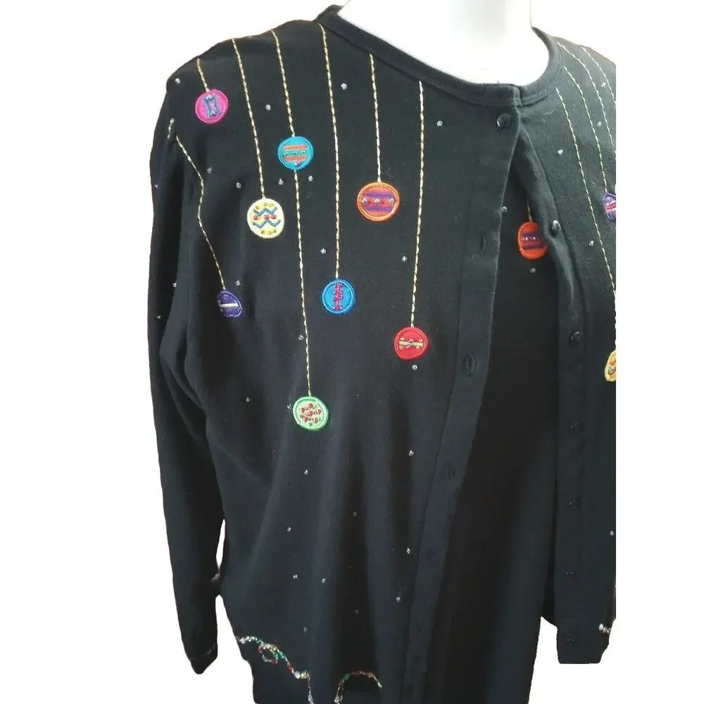 Marisa Christina 2-piece Dress Cardigan Vtg Black Embroidered Holiday Dress XL‎